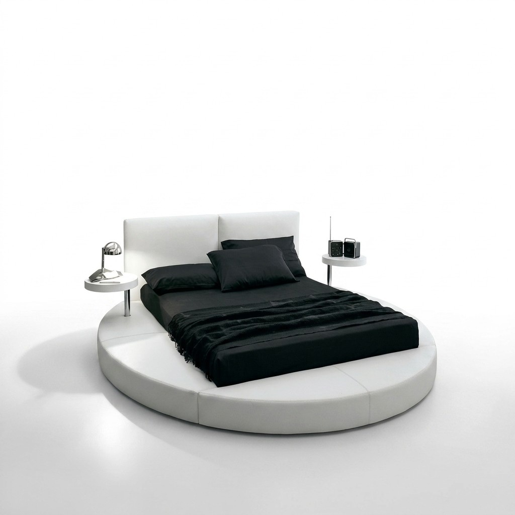 Leather upholstered massive round double bed in modern style for marriage couple made of real wooden frame