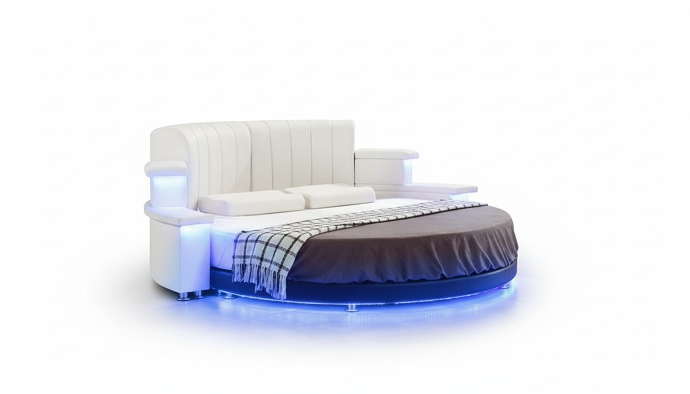 Round bed with LED lighting Modern sofa bed Beige Design bedroom