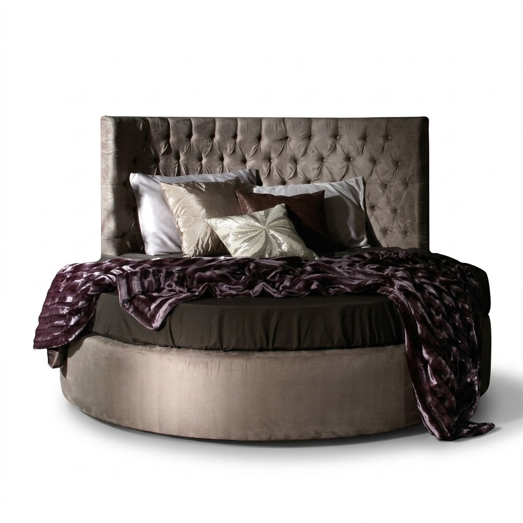 Velvet upholstered marriage round double bed with massive chesterfield design backrest with crystal stones made of real wooden frame