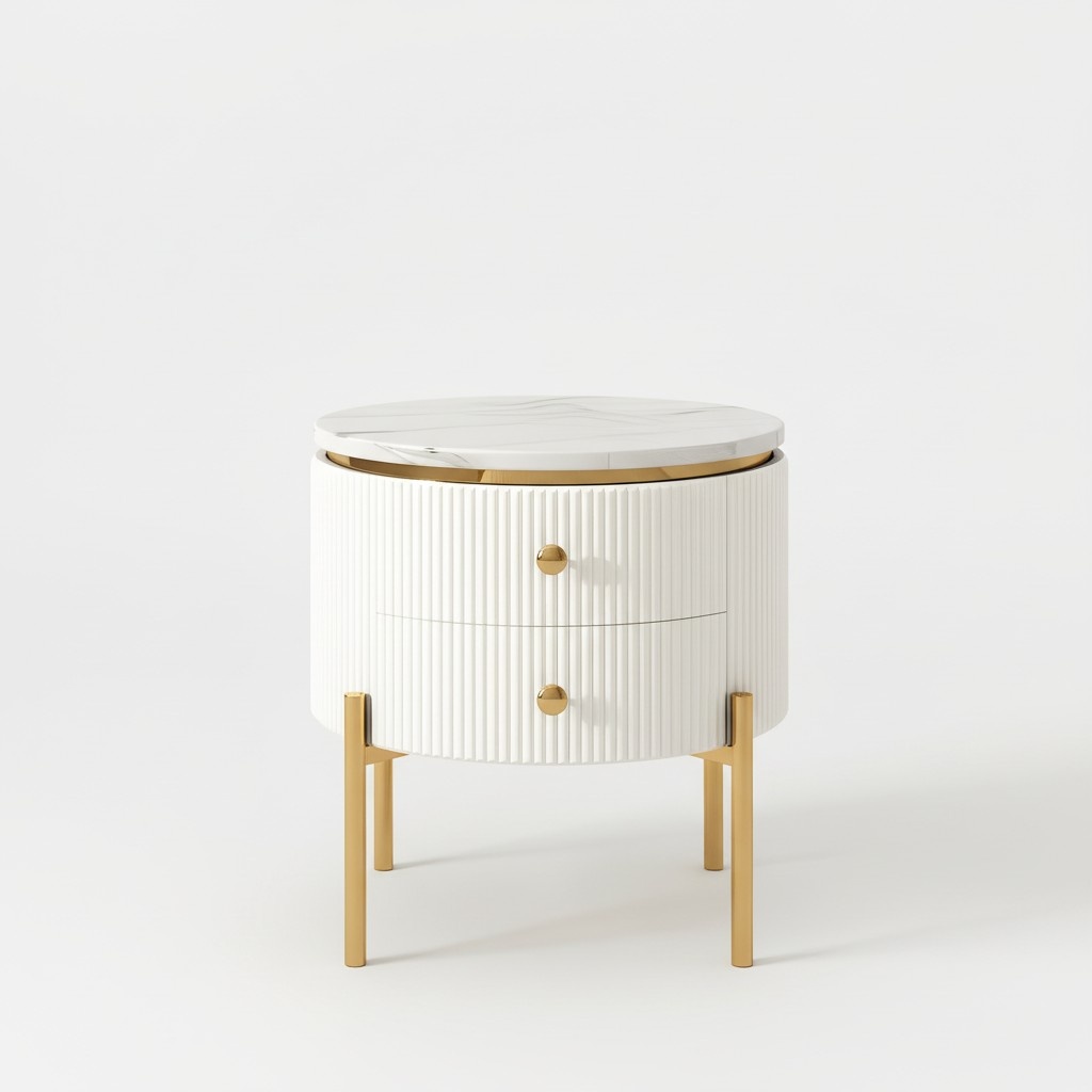 Round Side Table High Gloss Stainless Steel Wood Luxury Living Room New Premium Materials White