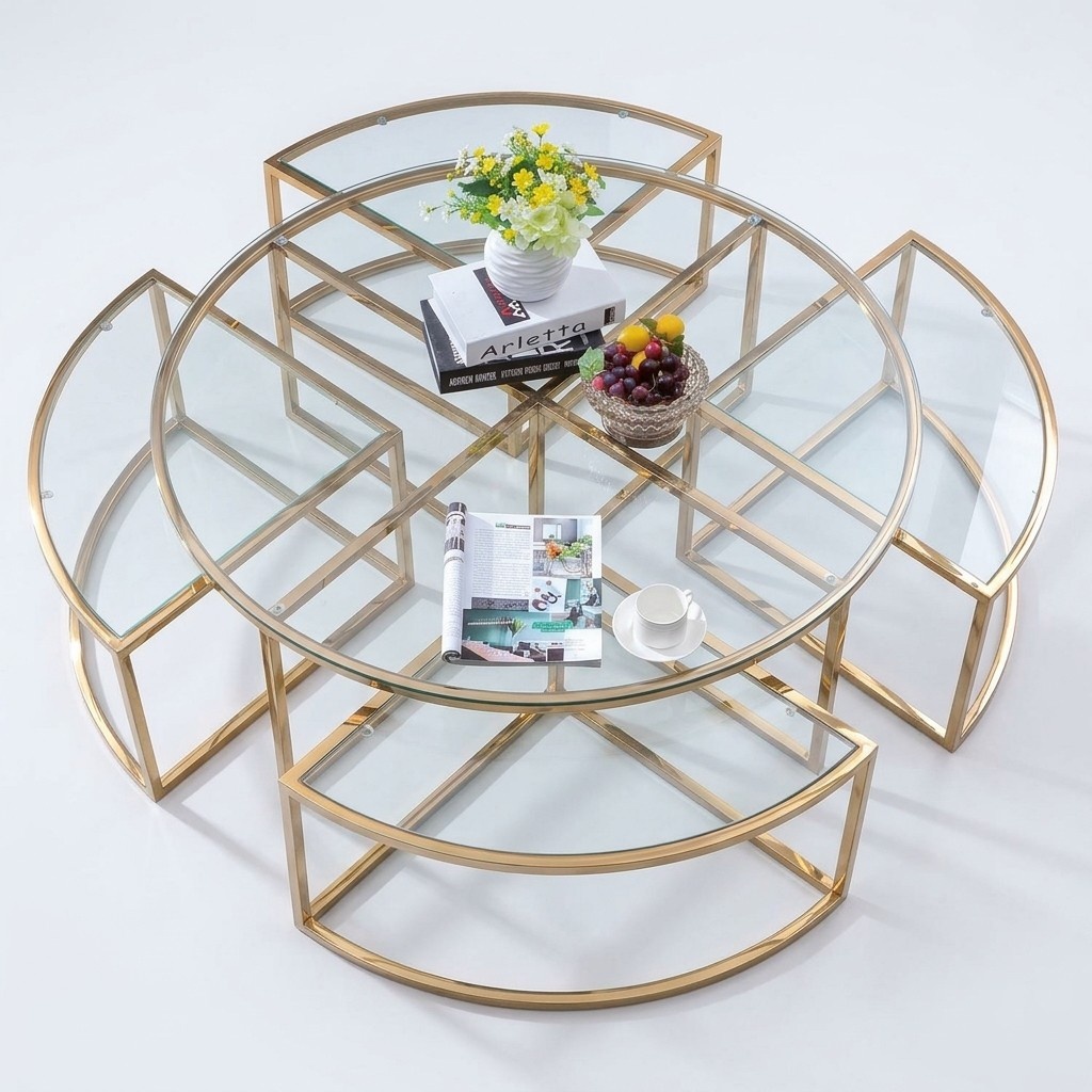 Round Designer Glass Couch Stainless Steel Sofa Table Living Design Round Metal Gold New