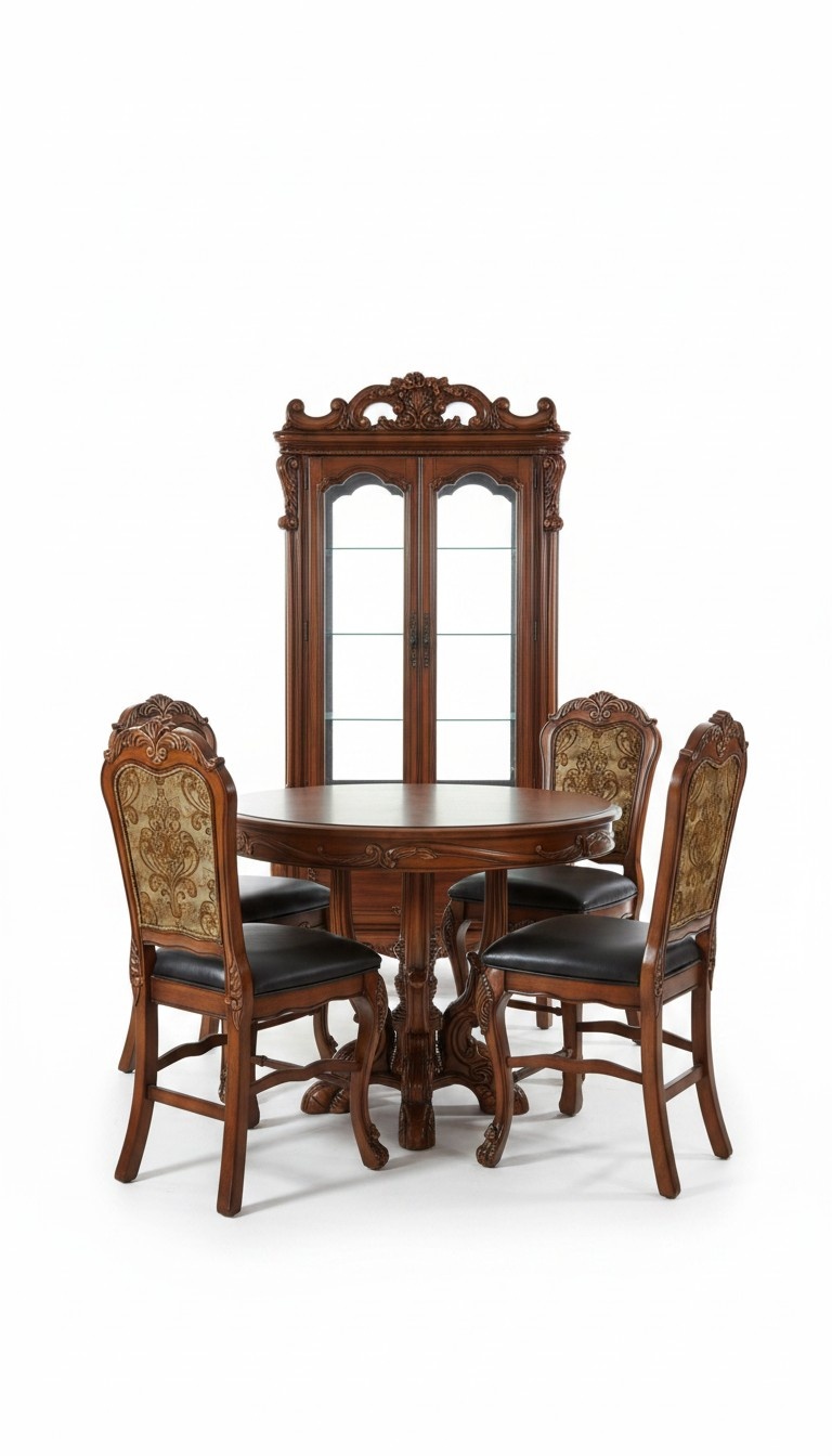 Baroque style made of real wooden living/dining/restaurant set of 4x-chairs & round table