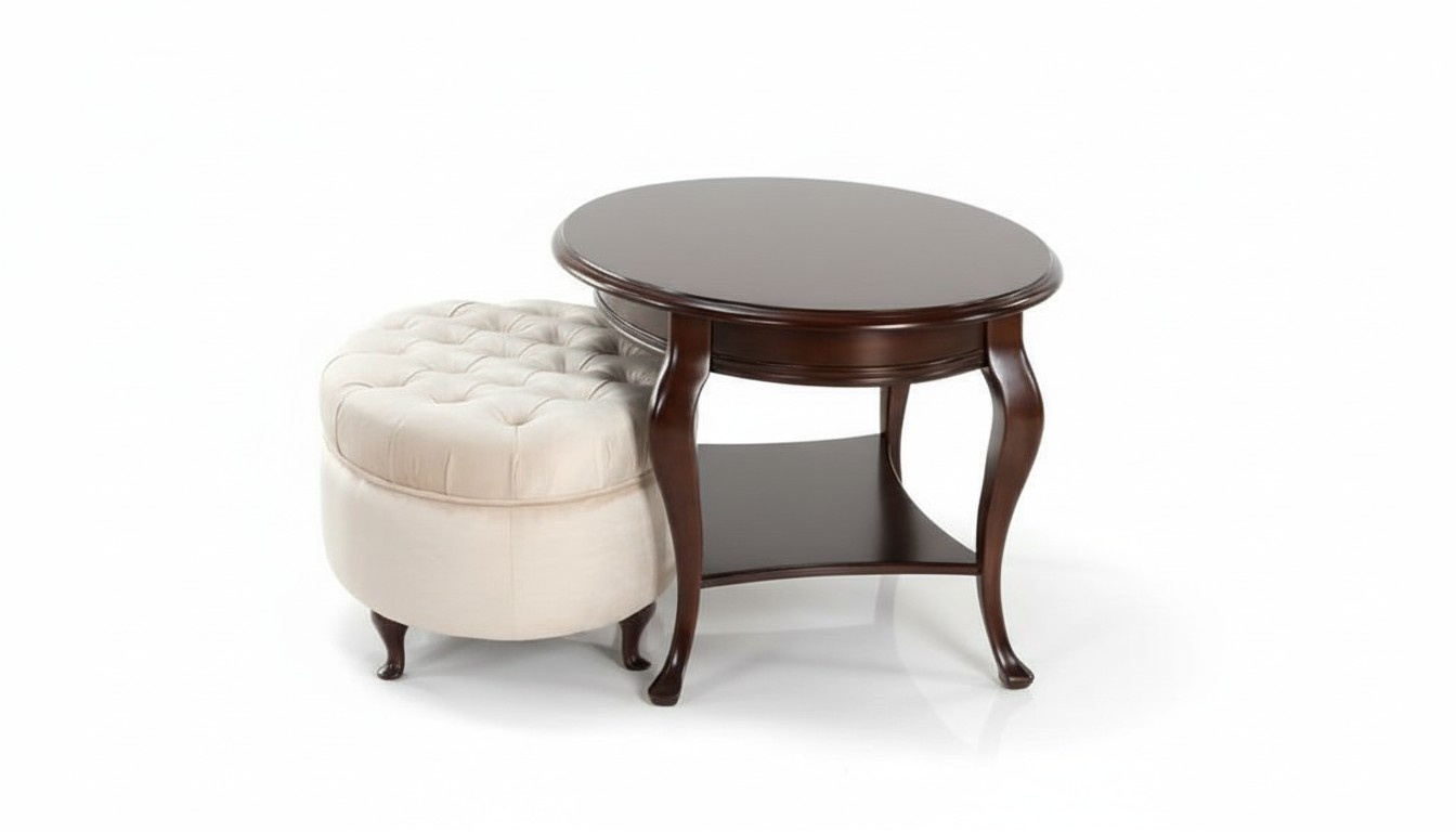 Round stool leather ottoman with table serving table 2-piece set Verona furnishings