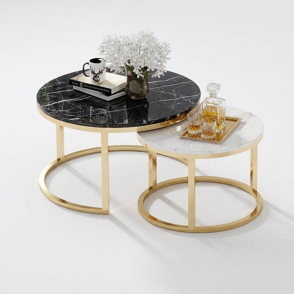 Round Coffee Table Marble Rounded Tables Side Natural Stone Stainless Steel Double 2x Set