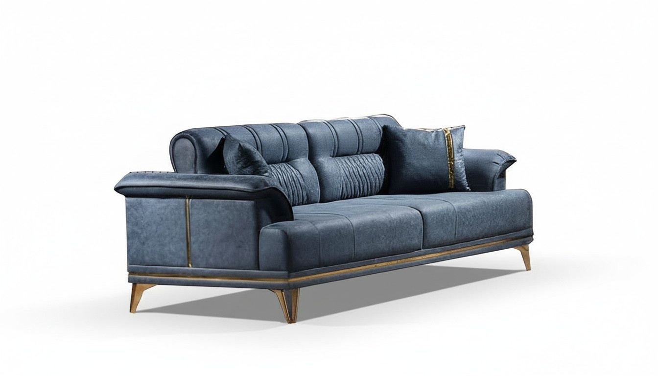 Three-seat sofa living room upholstered furniture fabric blue modern couch