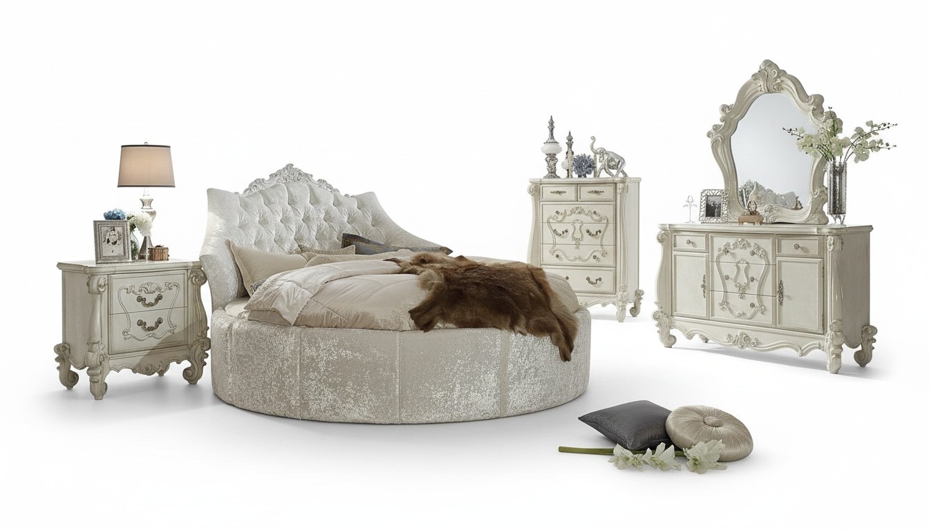 Chesterfield design massive textile upholstered round double bed in modern style made of real wooden frame