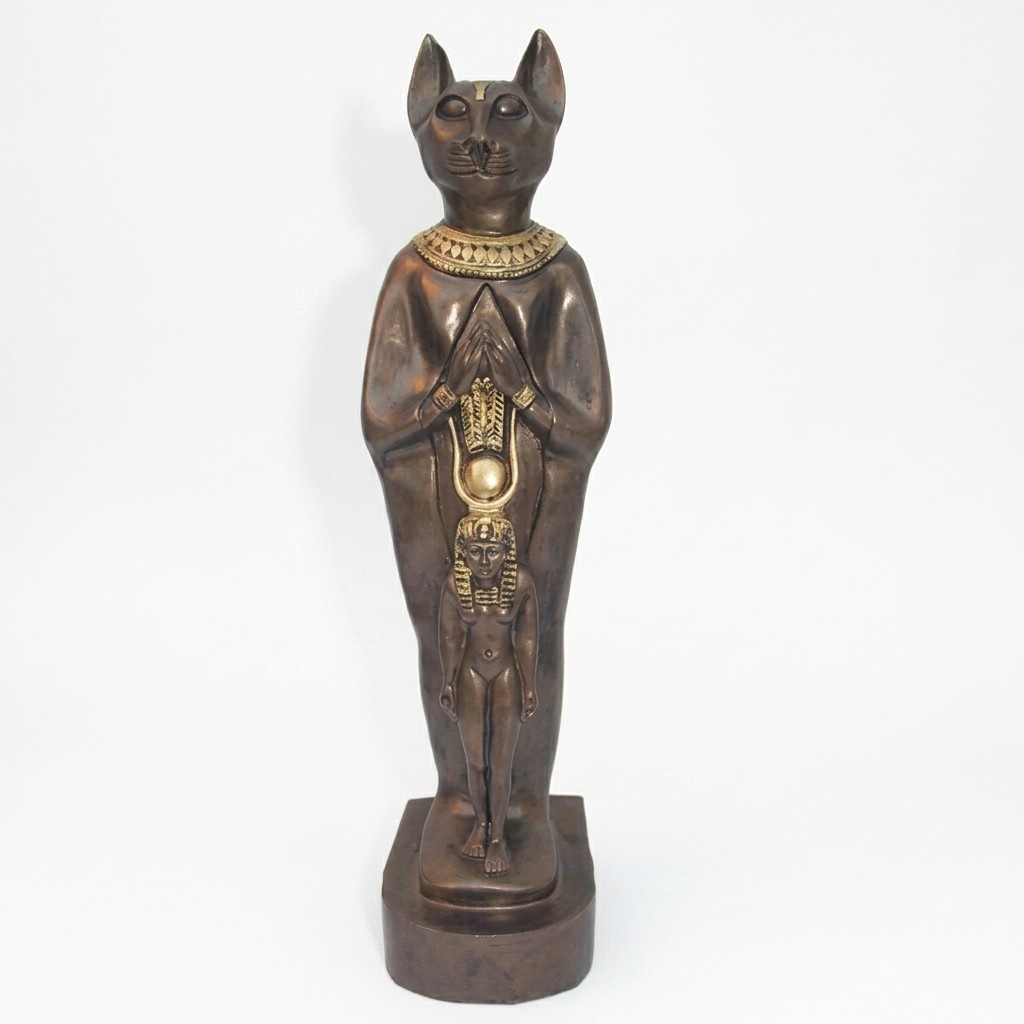 Bronze colored ancient egyptian decorative figure of cat bastet with miniature pharaoh 39cm
