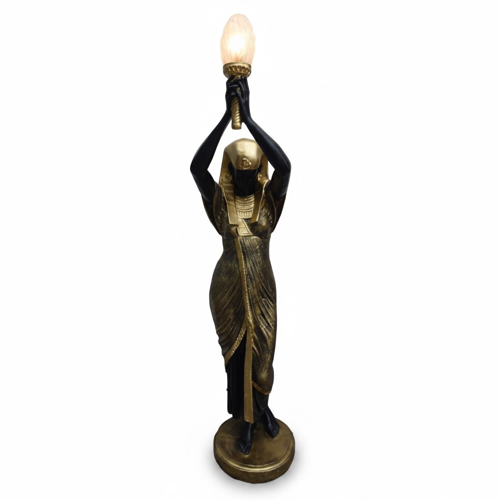 Decorative lamp designed as egyptian lady with a torch 190 cm height
