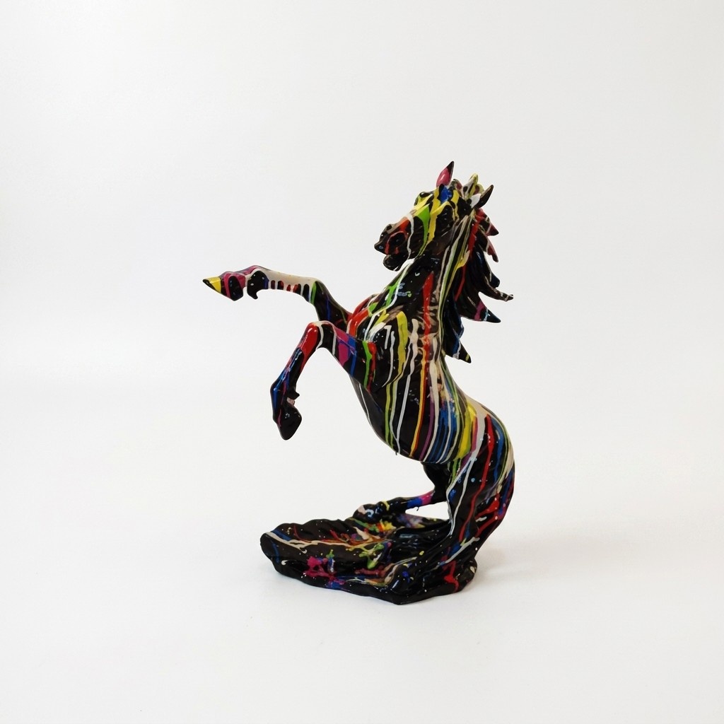 Decorative sculpture designed as a gloss full black colored mustang horse in colorful stripes 92cm