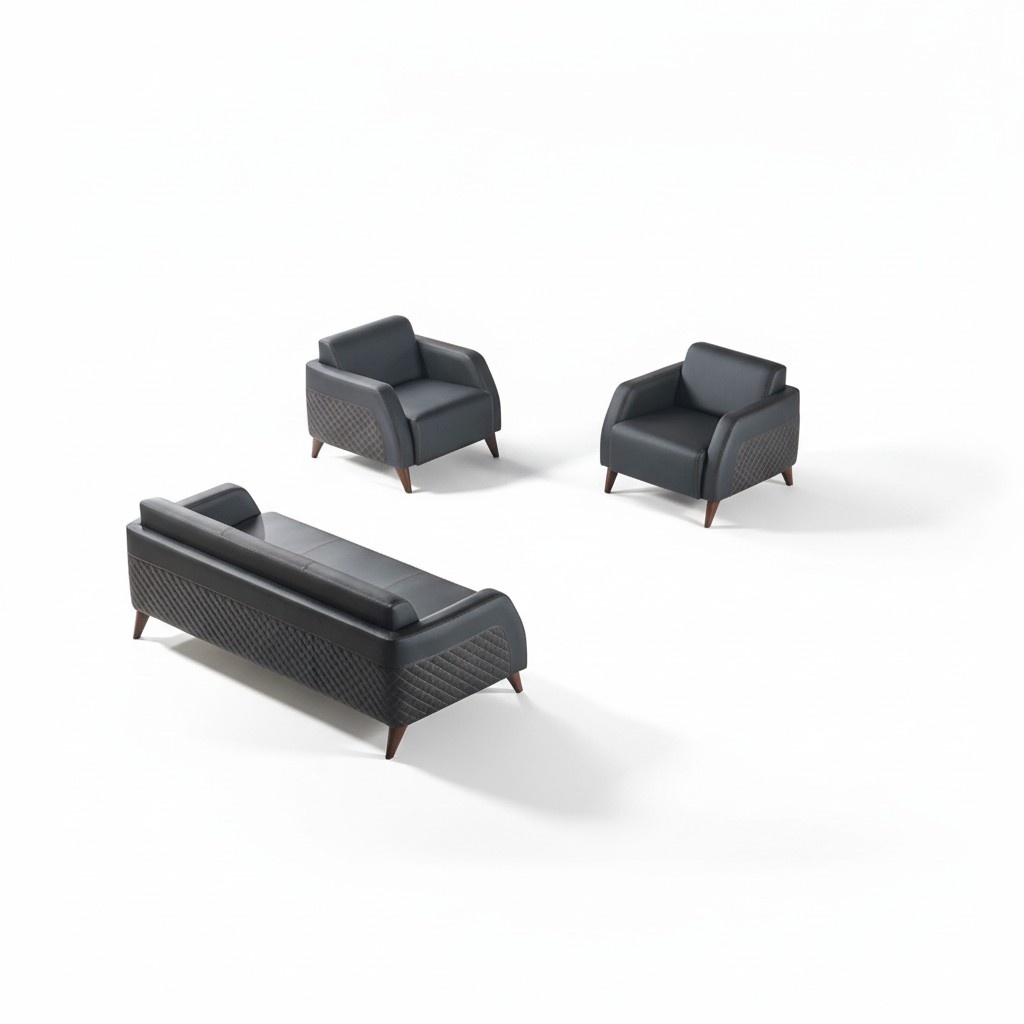 Seating furniture 3-seater 2x armchairs black lounge chair couch set modern leather