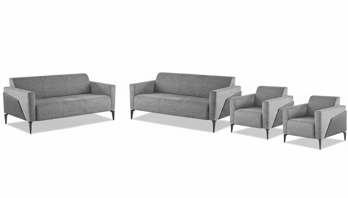 Complete Modern Seating Furniture Set 3-Seater Armchair Gray Textile Stainless Steel Leather