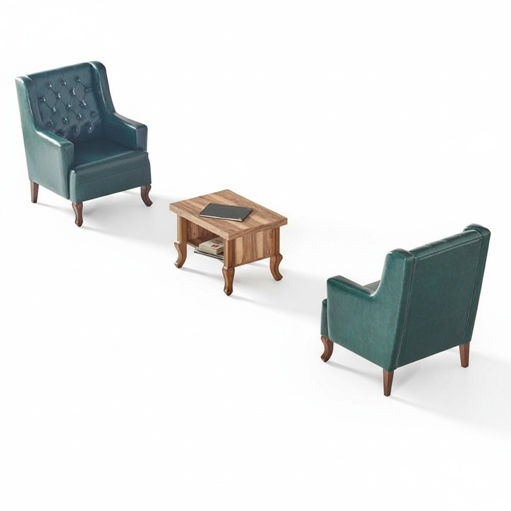 Chesterfield Seating Set Armchair Green Coffee Table Brown Leather Classic