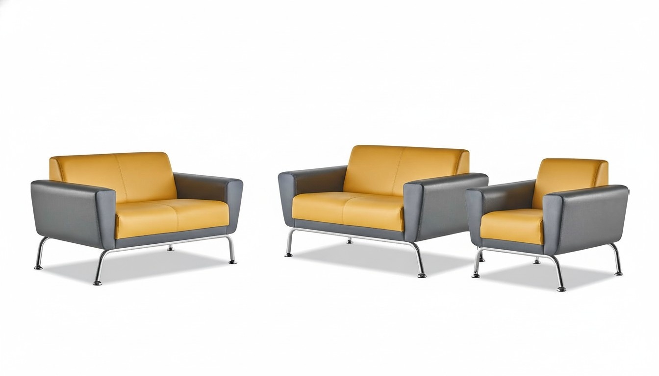Sofa set leather leather sofas 2-seater armchair yellow gray stainless steel wood