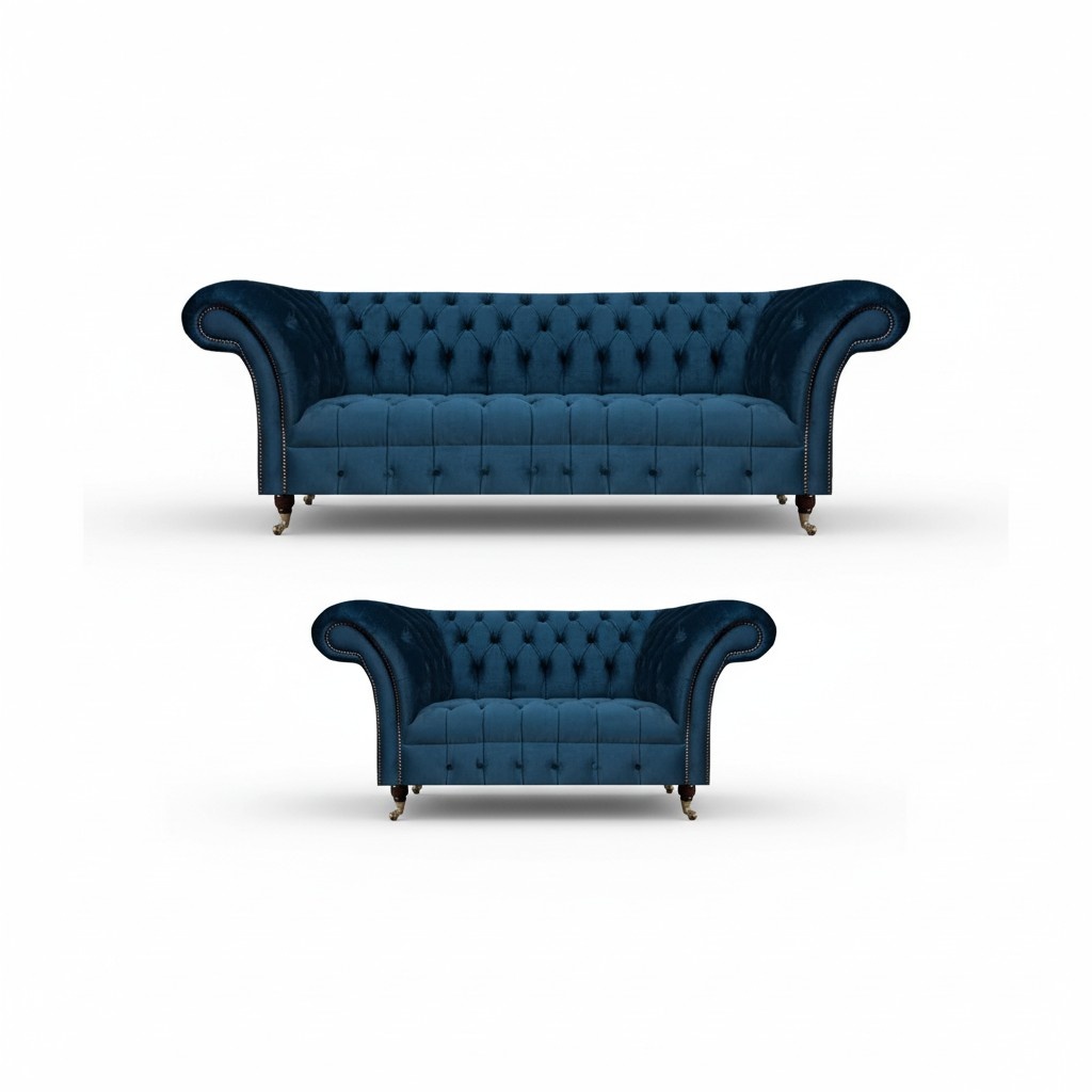 Seating Sofa Set 2x Sofas Set Chesterfield Living Room Blue Upholstered Sofa
