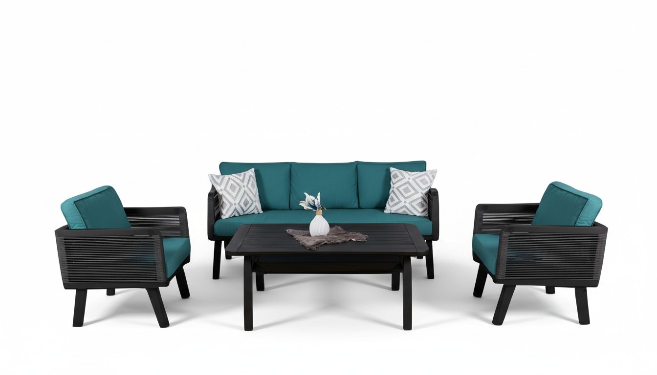 Garden furniture lounge set couch armchair coffee table seladon wood 4-piece