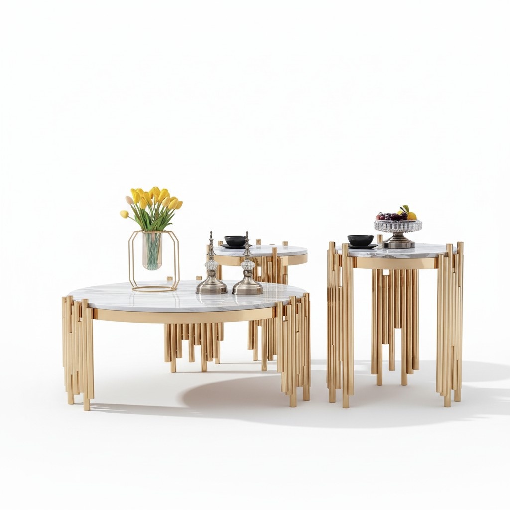 Set of 2 Set Side Couch Tables Newspaper Designer Marble Table Round