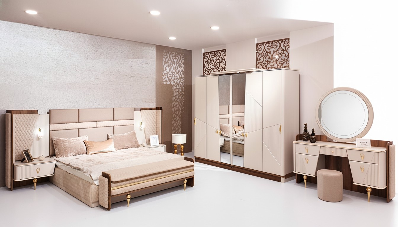 Set bedroom bed luxury wardrobe 2x bedside tables design dressing table