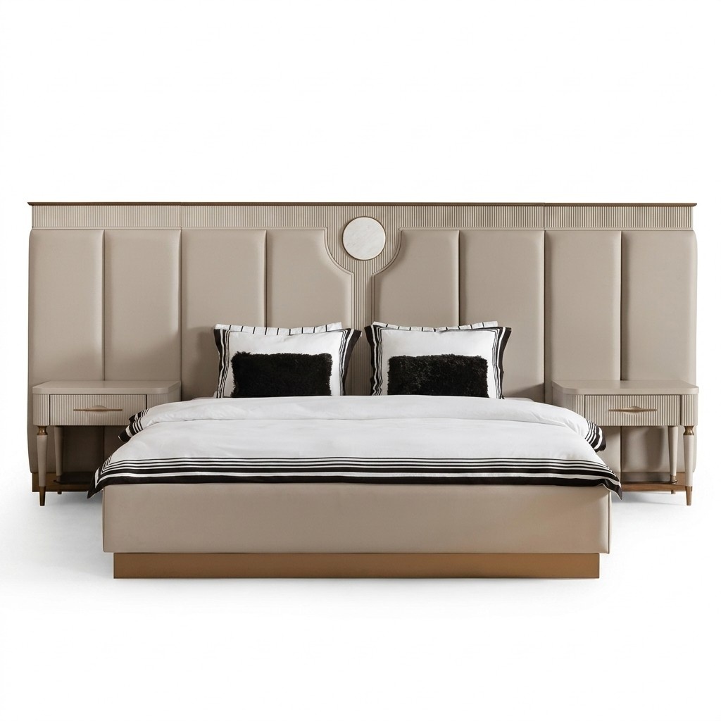 Set of bedroom double bed bedside tables set 3 pieces beige fabric