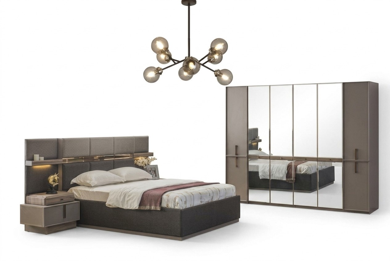 Bedroom set double bed bed bedside tables wardrobe 4 pcs grey