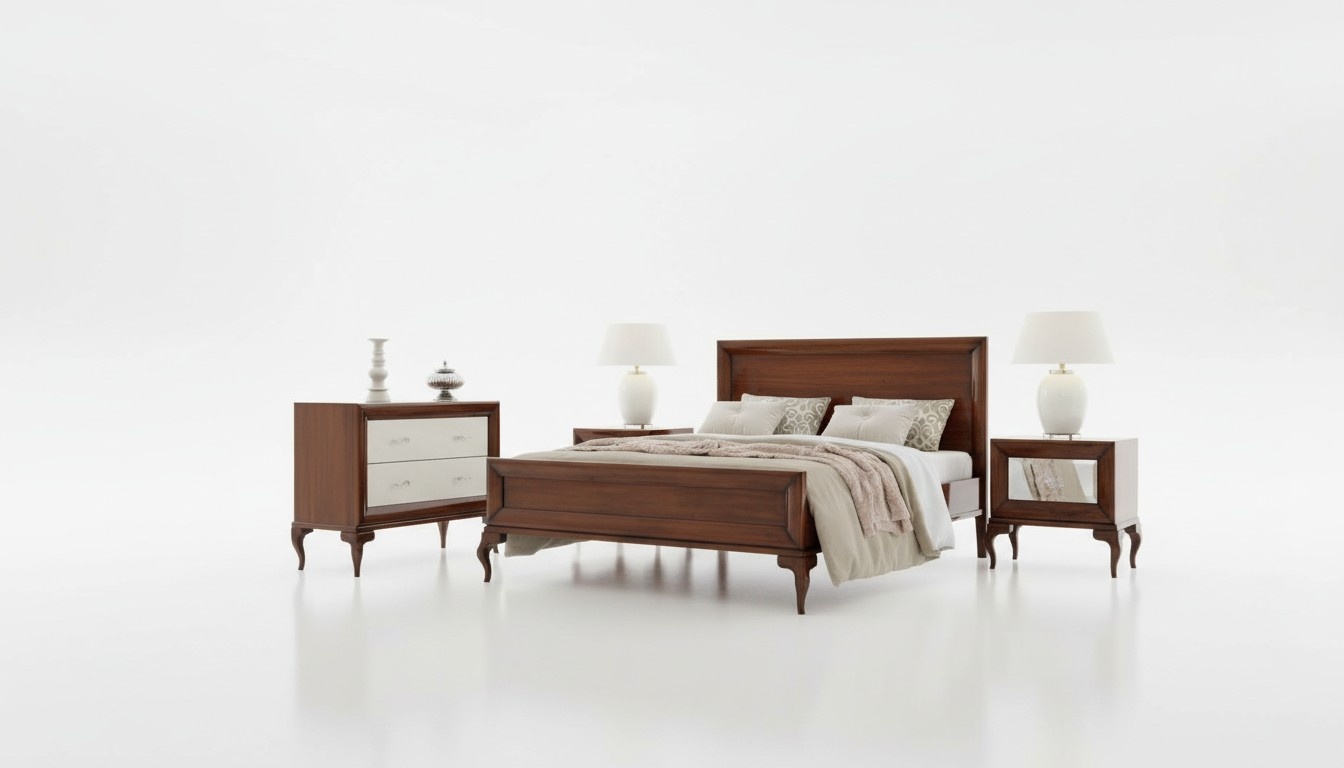 Bedroom set double bed bedside table chest of drawers brown set 4 pcs