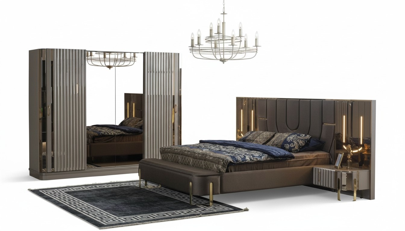 Set Bedroom Double Bed Luxury Bed Modern Brown Set 4pcs New