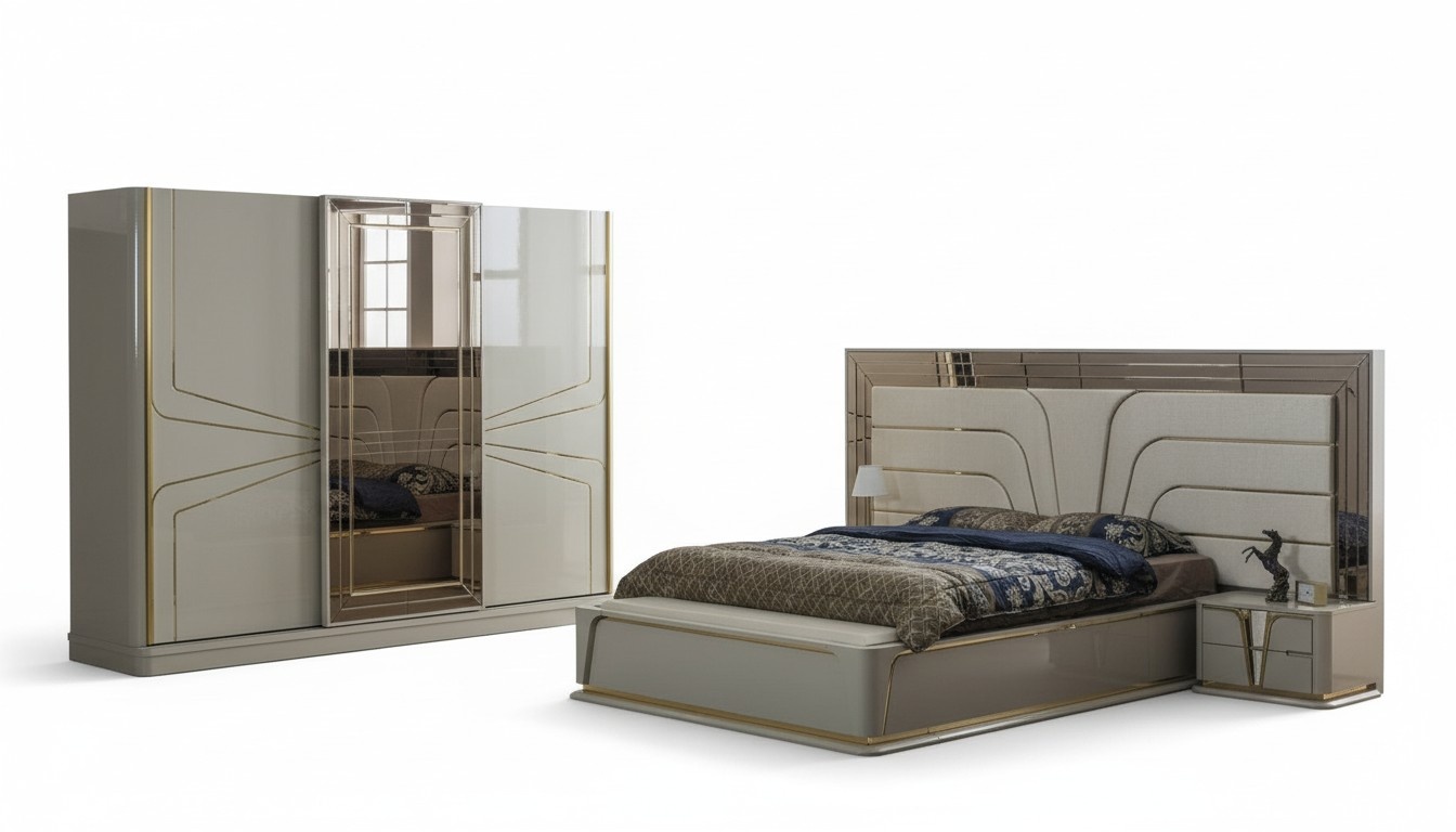 Set Bedroom Double Bed Luxury Bed Modern Beige Set 4pcs New