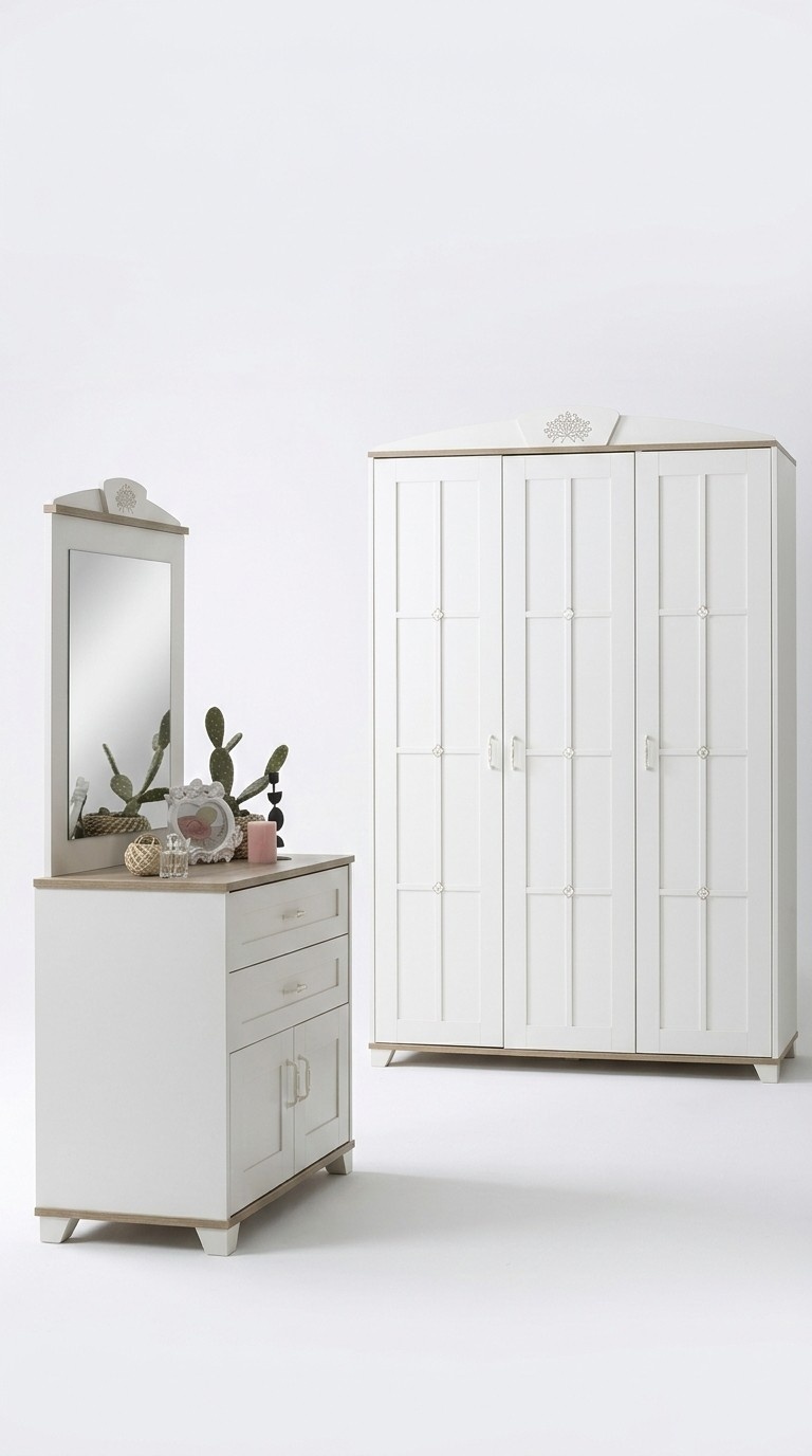 Bedroom wardrobe set 3-piece chest of drawers wood white