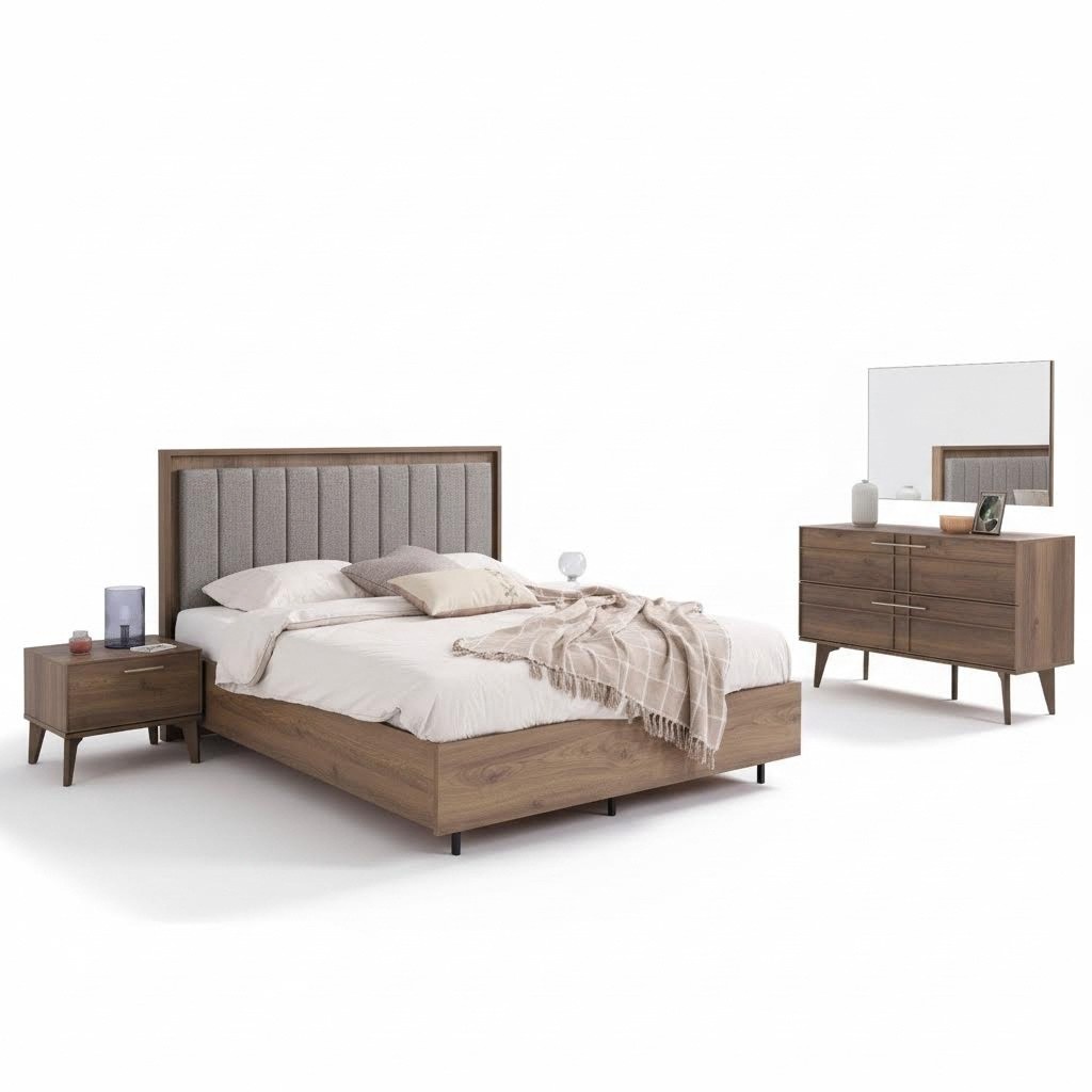 Set complete double bed wood 5pcs bedroom brown bed modern