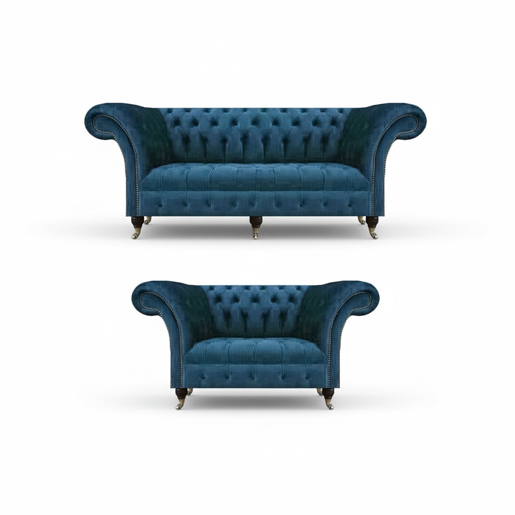 Set of designer three-seater luxury two-seater sofas textile Chesterfield new