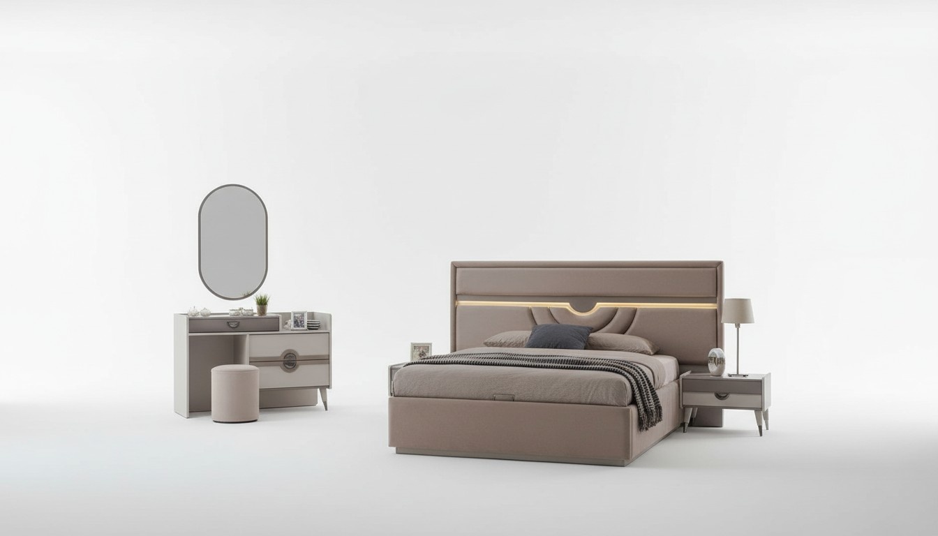 Set of double bed bedside tables beige 6-piece dressing table modern