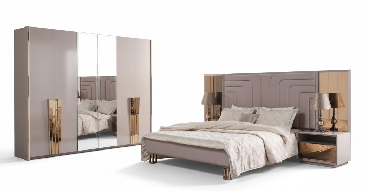 Double bed set beige wood luxury modern bedroom set 3 pieces