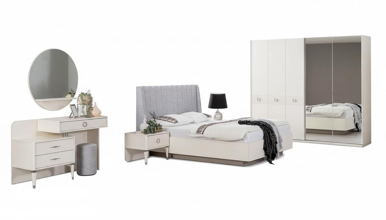 Set double bed bed frame fabric bedroom white wood set 7 pcs