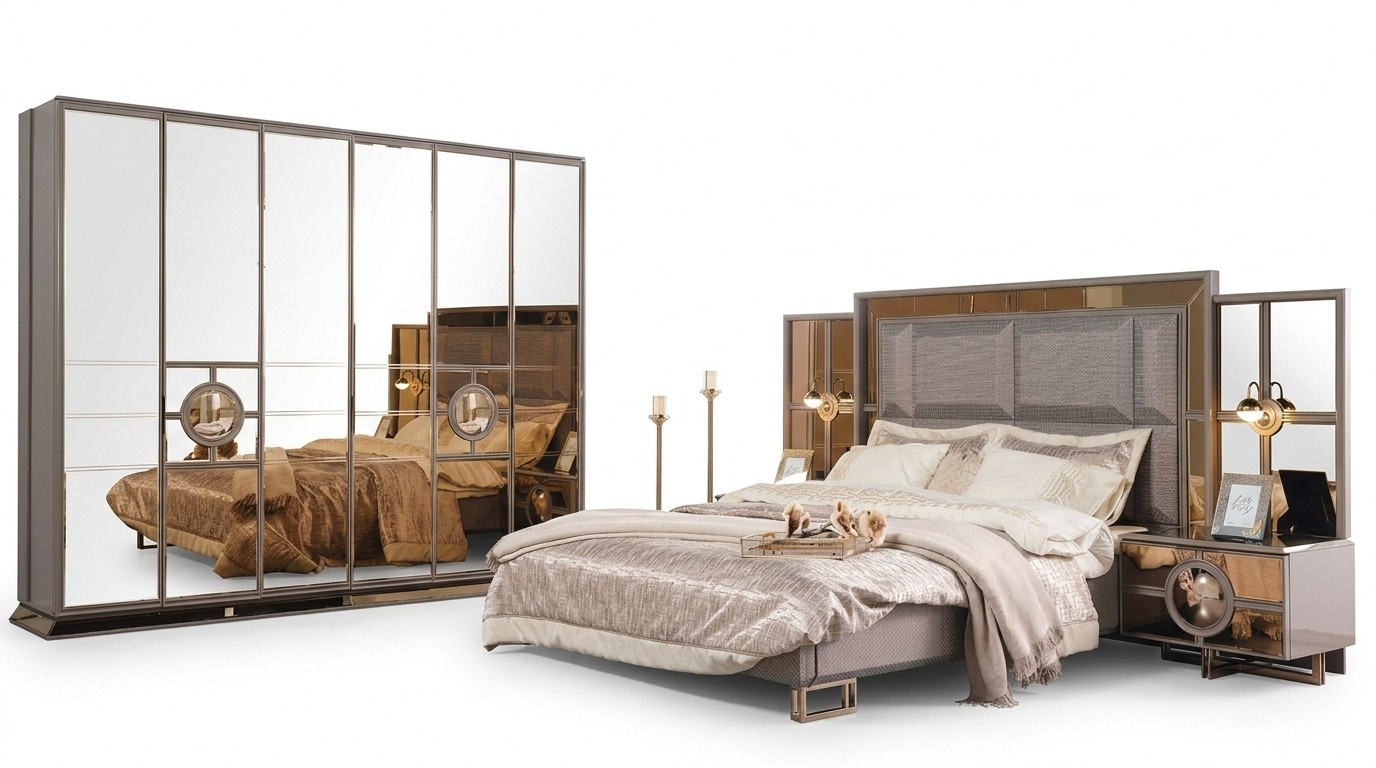 Set double bed bedroom bed bedside tables luxury wood set 4 pieces