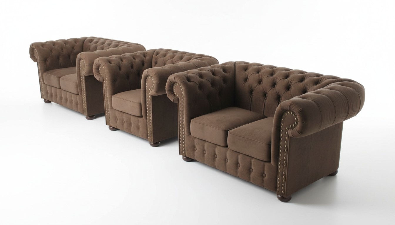 Chesterfield Complete Sofa Set 3+2+1 Seaters Brown Textile Microfibre Living Room Couch New