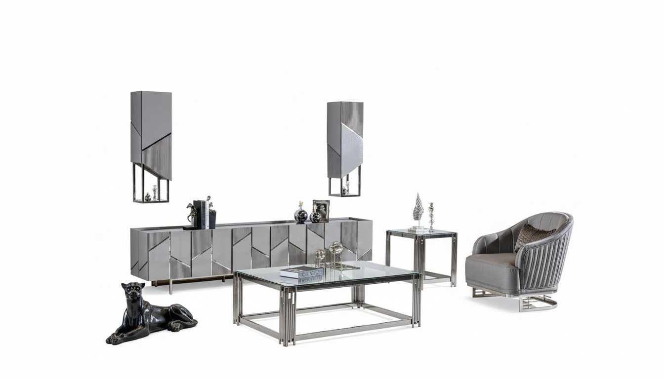 Set TV stand armchair coffee table side table living room 4 pieces gray new