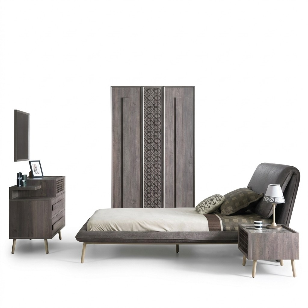 Set upholstered bed youth bed bed bed frame bed set 5pcs wood grey new