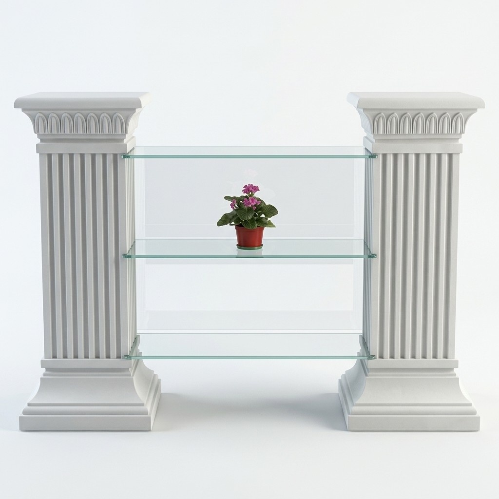 Decorative sideboard with 3 glass shelves & antique style white columns 101x147x35cm
