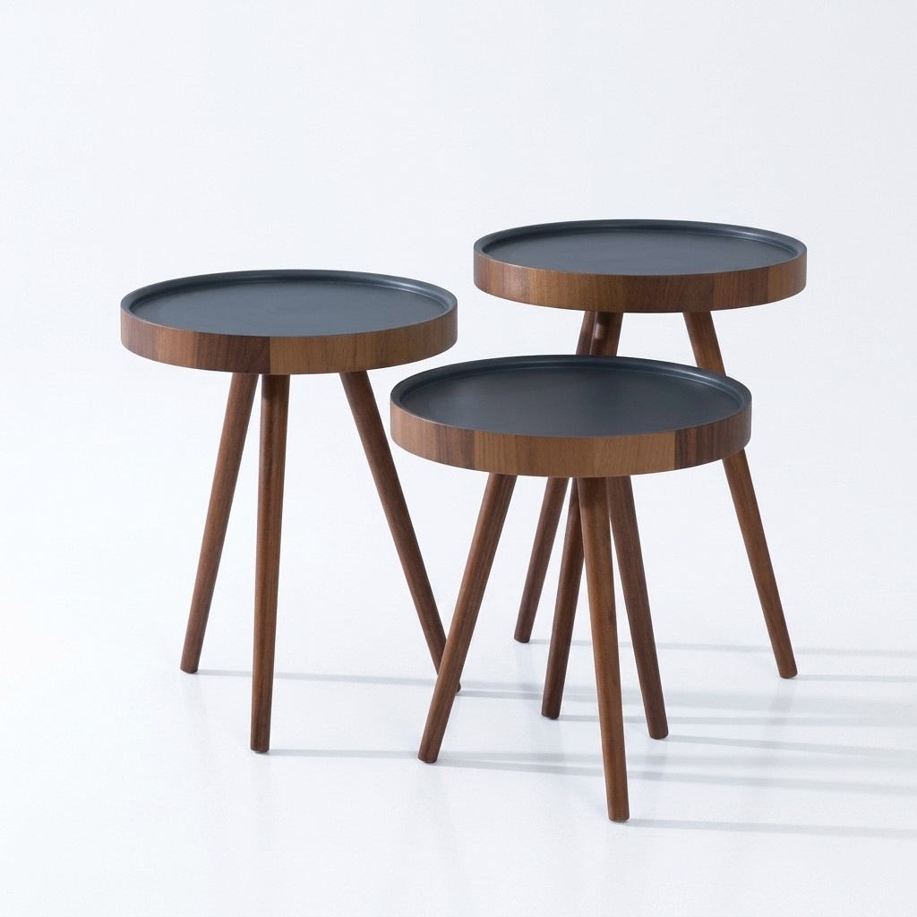 Side table 3x set brown living room table round coffee table modern