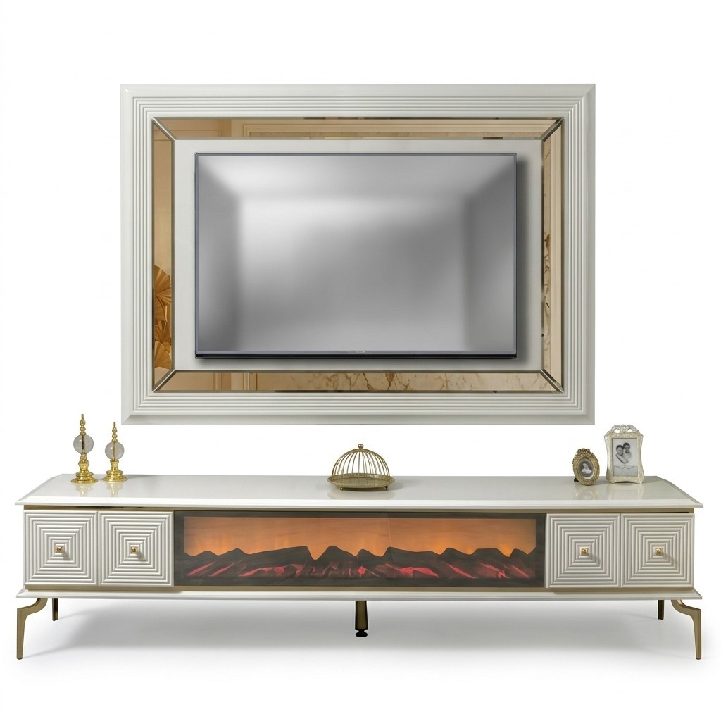 sideboard cabinet rtv with fireplace living wall set TV panel stainless steel luxury furniture
