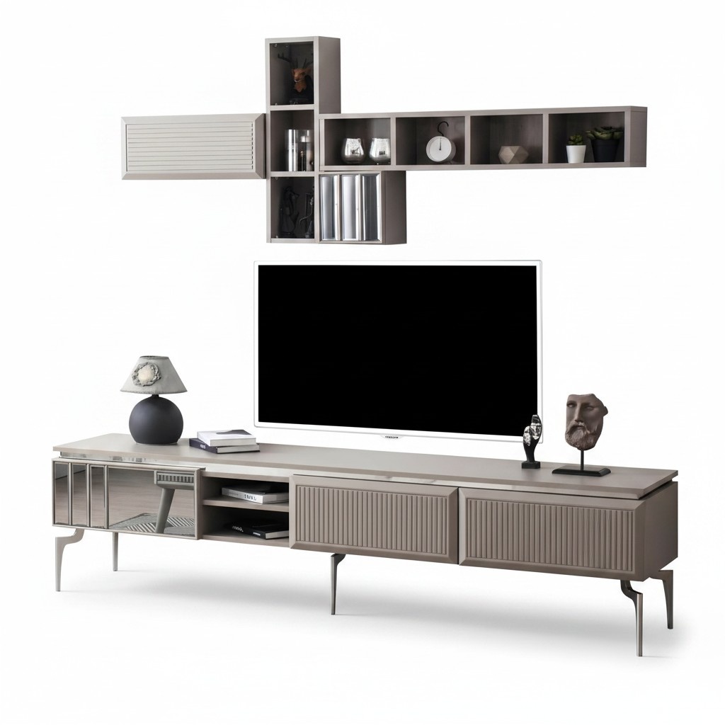 Sideboard RTV Lowboard Shelves TV Stand Cabinet Wood Grey Living Room Wall