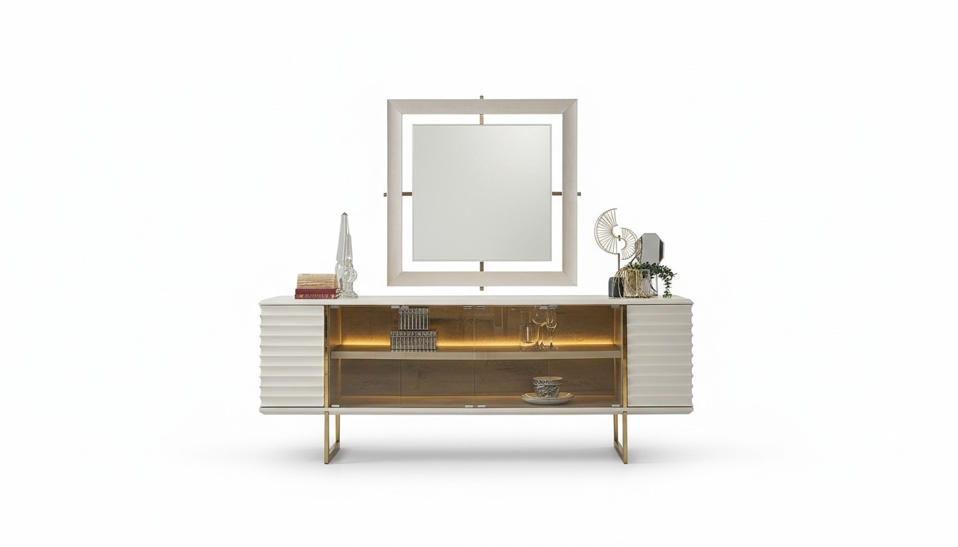 Sideboard set with mirror dining room wooden beige chest of drawers