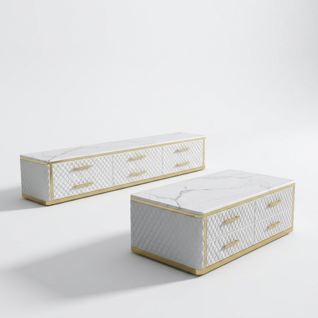 Sideboard TV Lowboard RTV XL Cabinet Coffee Table Living Room Marble Imitation 2pcs.