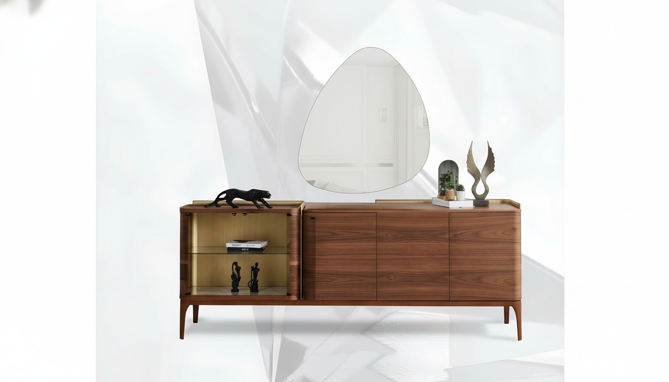 Sideboard with mirror wooden cabinet Brown chest of drawers Design
