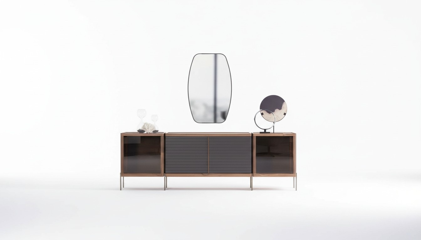 Sideboard side unit with mirror, glass front, marble look, wood, stainless steel.