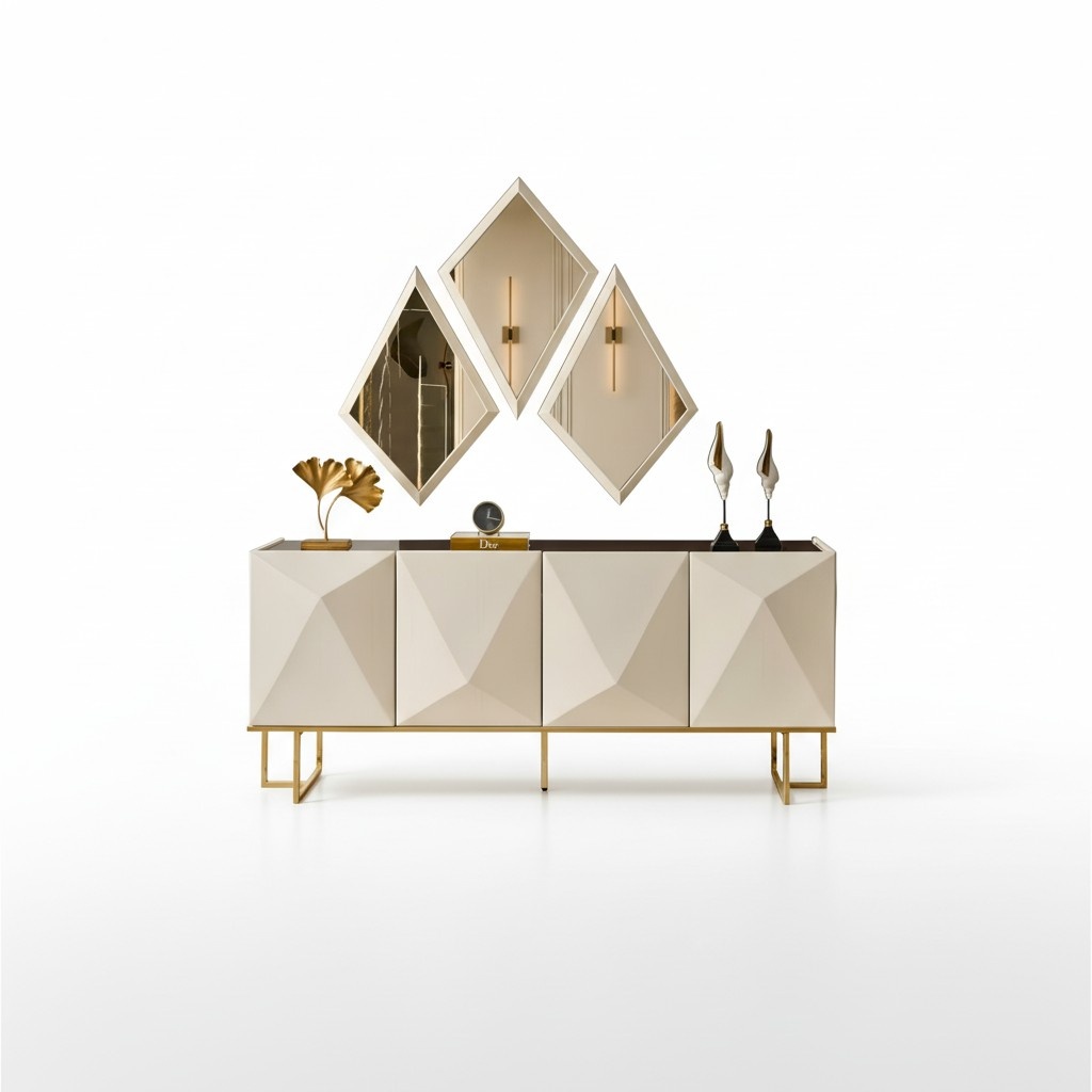 Sideboard set with mirror Cupboard Beige chest of drawers Wooden set