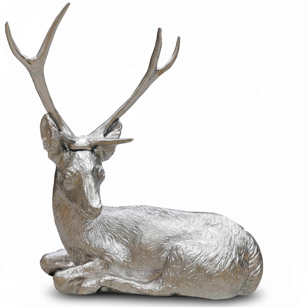 Decorative abstract sculpture designed as resting full silver colored deer 75x75cm