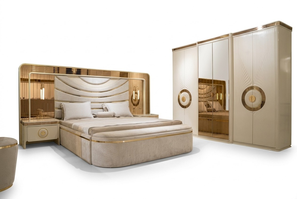 Sleeping bag set in beige with wood and textile for a modern bedroom.