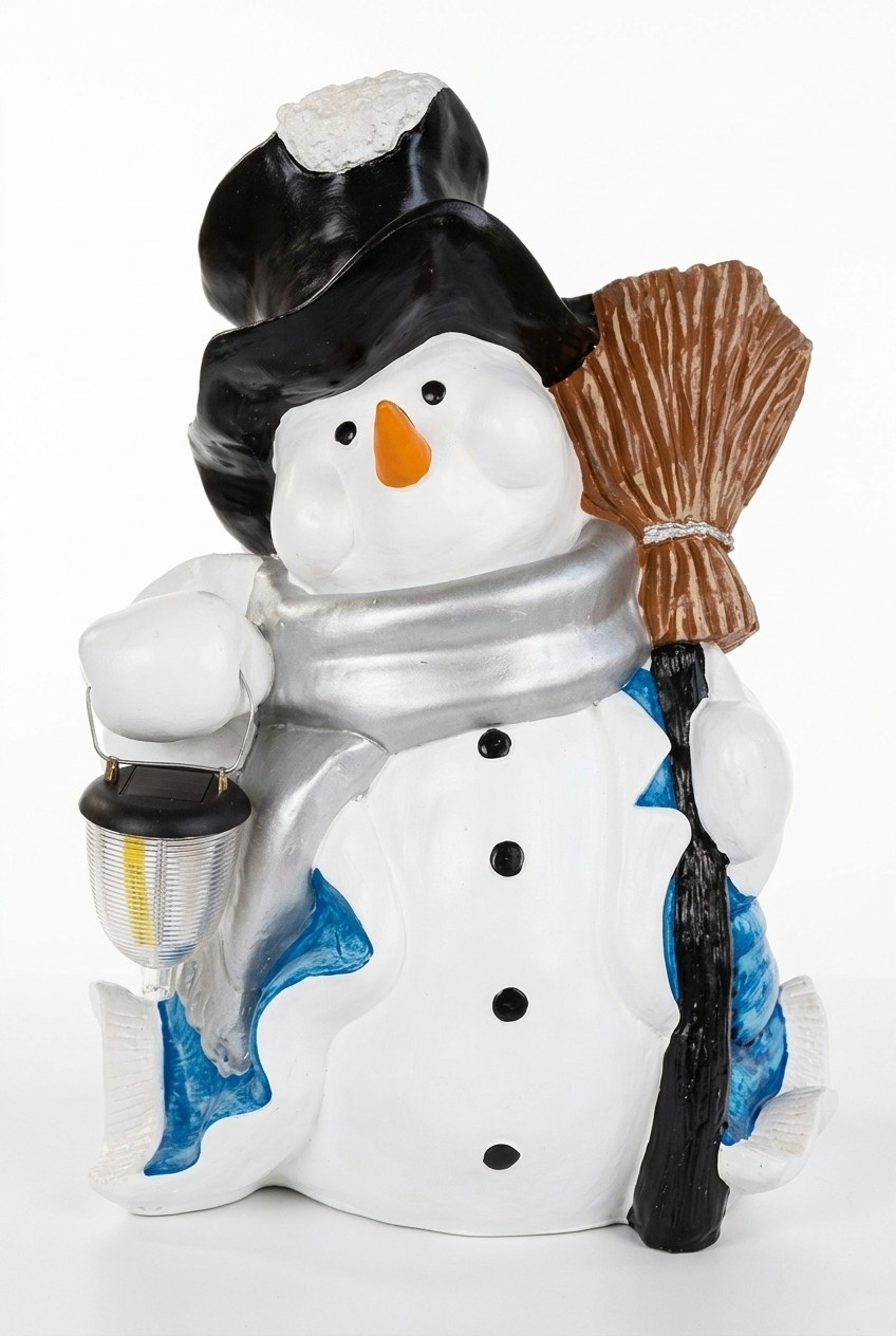 Christmas snowman deco figure with a black hat, lamp & a broom 60cm