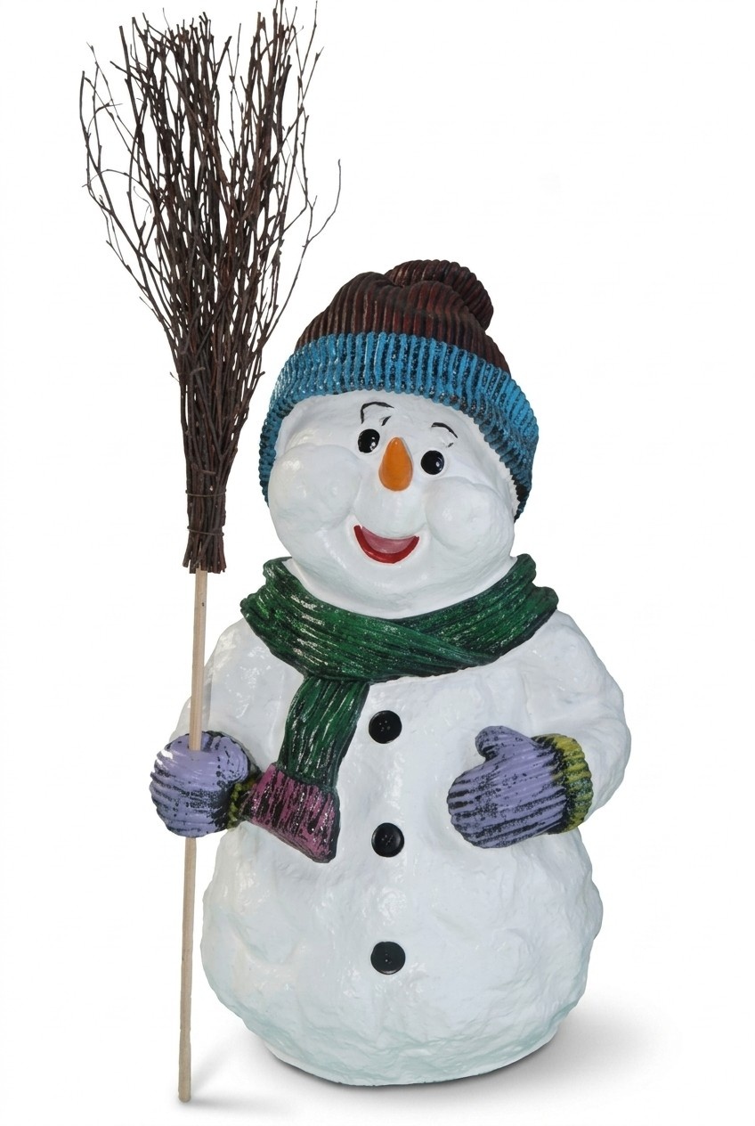 Decorative christmas sculpture designed as white snowman kid with a broom 62x36cm