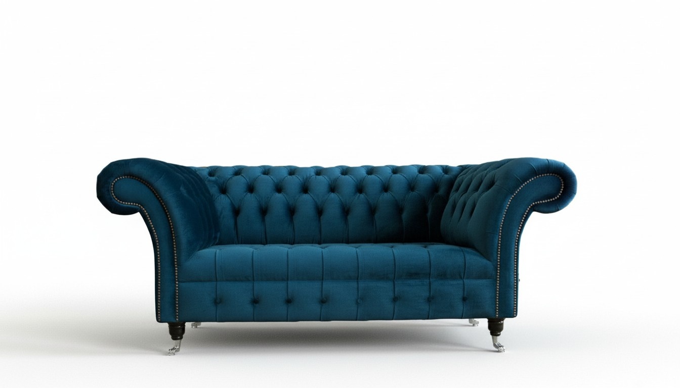 Sofa 2-seater couch design upholstered textile fabric blue seat Chesterfield new